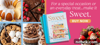 A cookbook titled Sweet by Beth Baumgartner is surrounded by images of cakes and desserts.