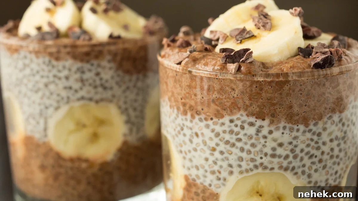 Banana Cacao Chia Seed Pudding Parfait Recipe for Breakfast 2 Two lowball glasses are filled with layered banana chocolate chia pudding that's topped with sliced banana and cacao nibs.