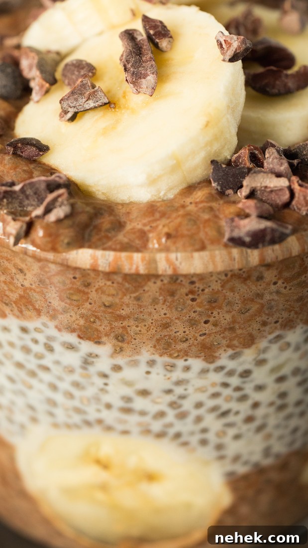 Banana Cacao Chia Seed Pudding Parfait Recipe for Breakfast 5 Extreme close up of a Cacao Banana Chia Seed Pudding featuring the alternating layers of chocolate chia pudding and vanilla chia pudding.