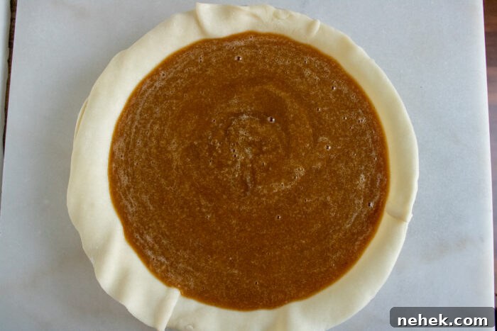 pumpkin pie filling in a pie crust