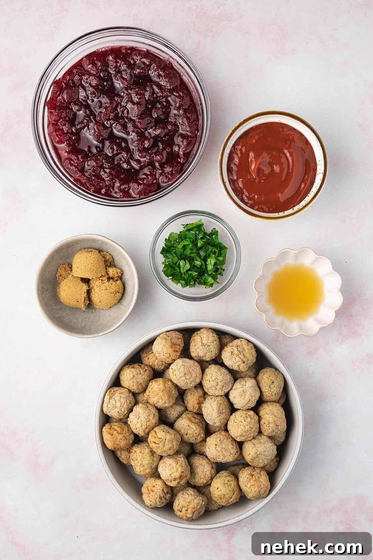 Ingredients needed to make slow cooker cranberry meatballs.