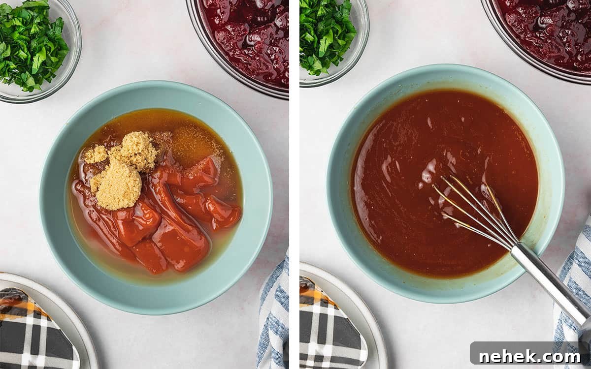 Set of two photos showing sauce ingredients added to a bowl and whisked to combine.