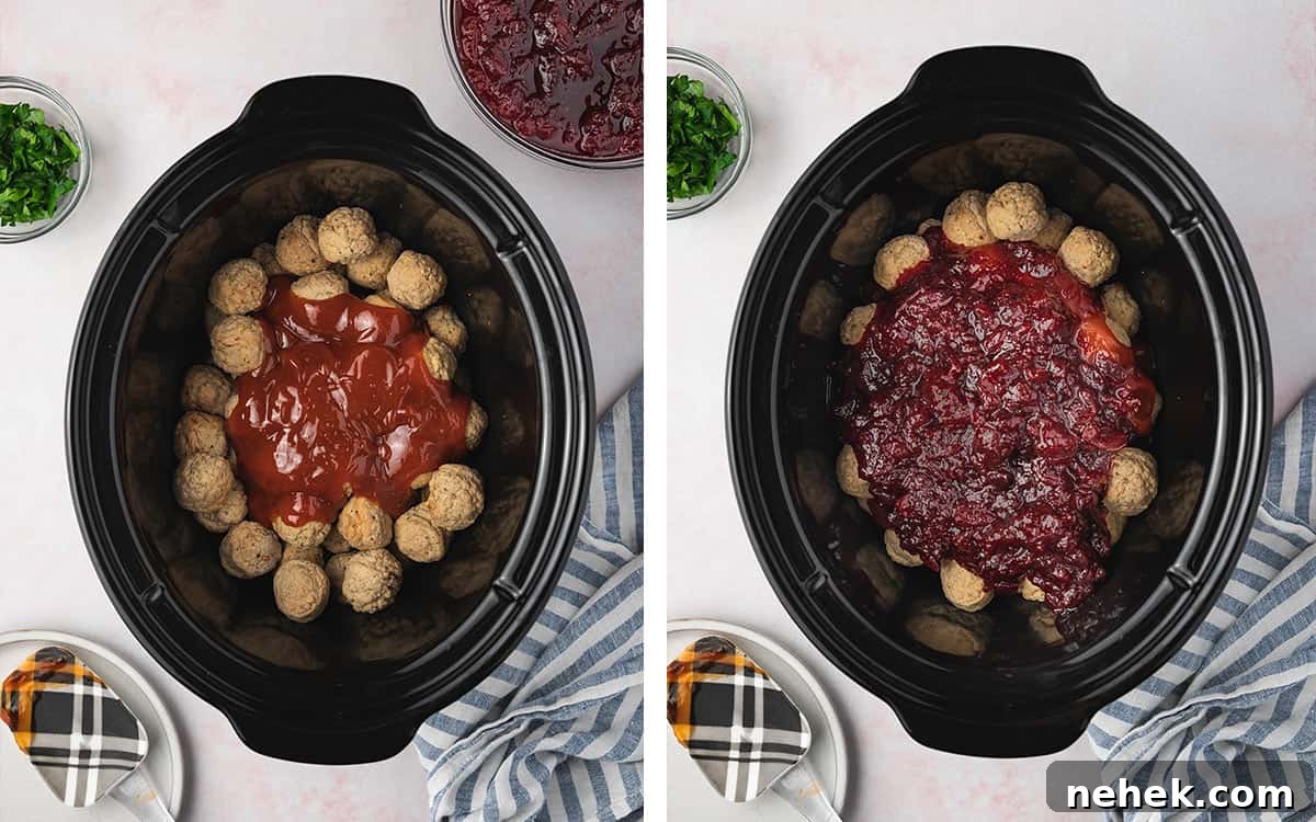 Set of two photos showing meatballs in a slow cooker with sauce and cranberry sauce added.