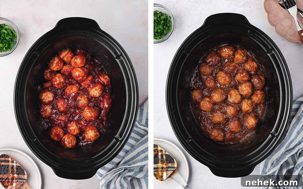 Set of two photos showing meatballs mixed in the sauce and cooked in the slow cooker.