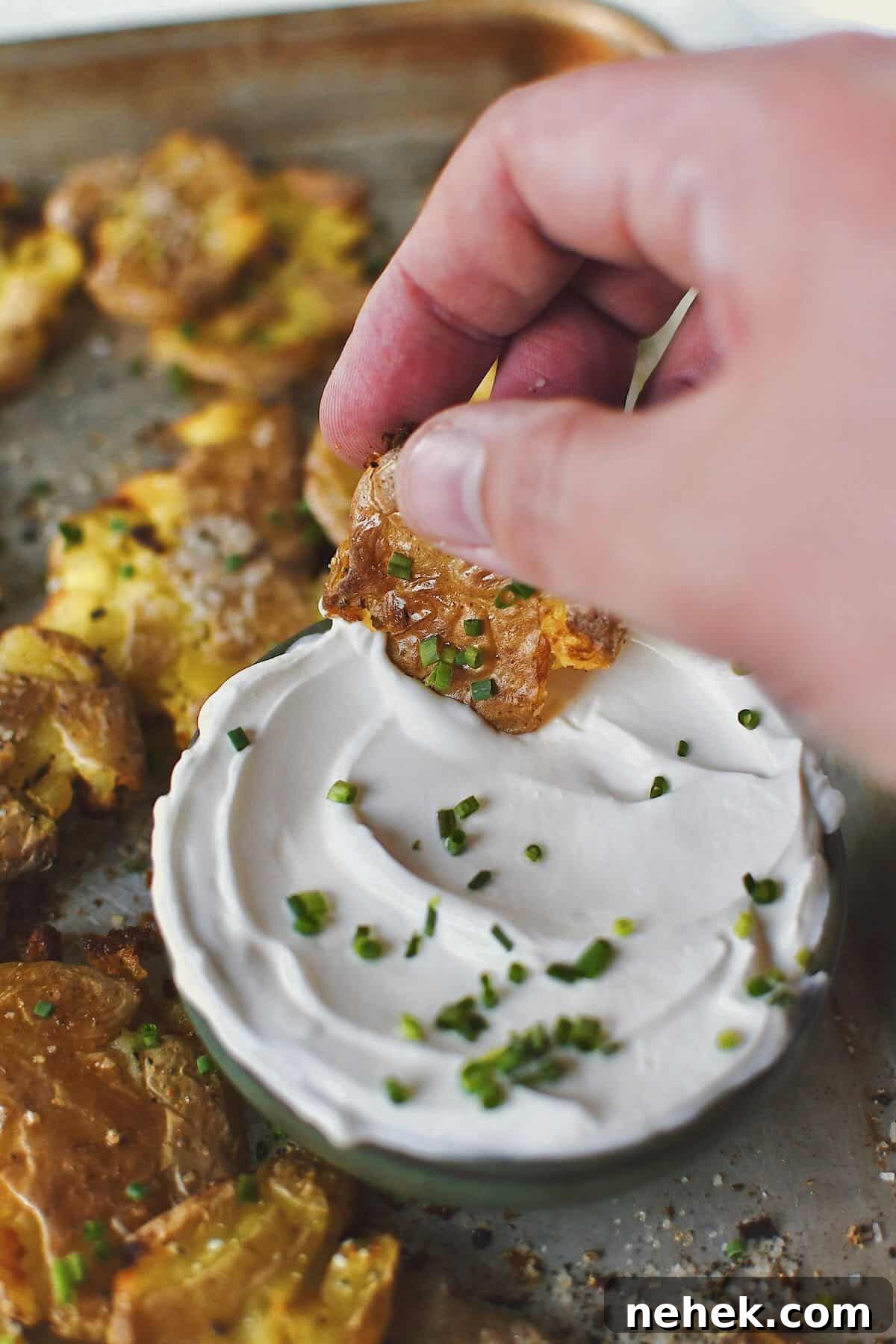 Crispy Smashed Potatoes with Garlic and Herbs 2 Crispy Smashed Potatoes with one being dipped in some chive sour cream.