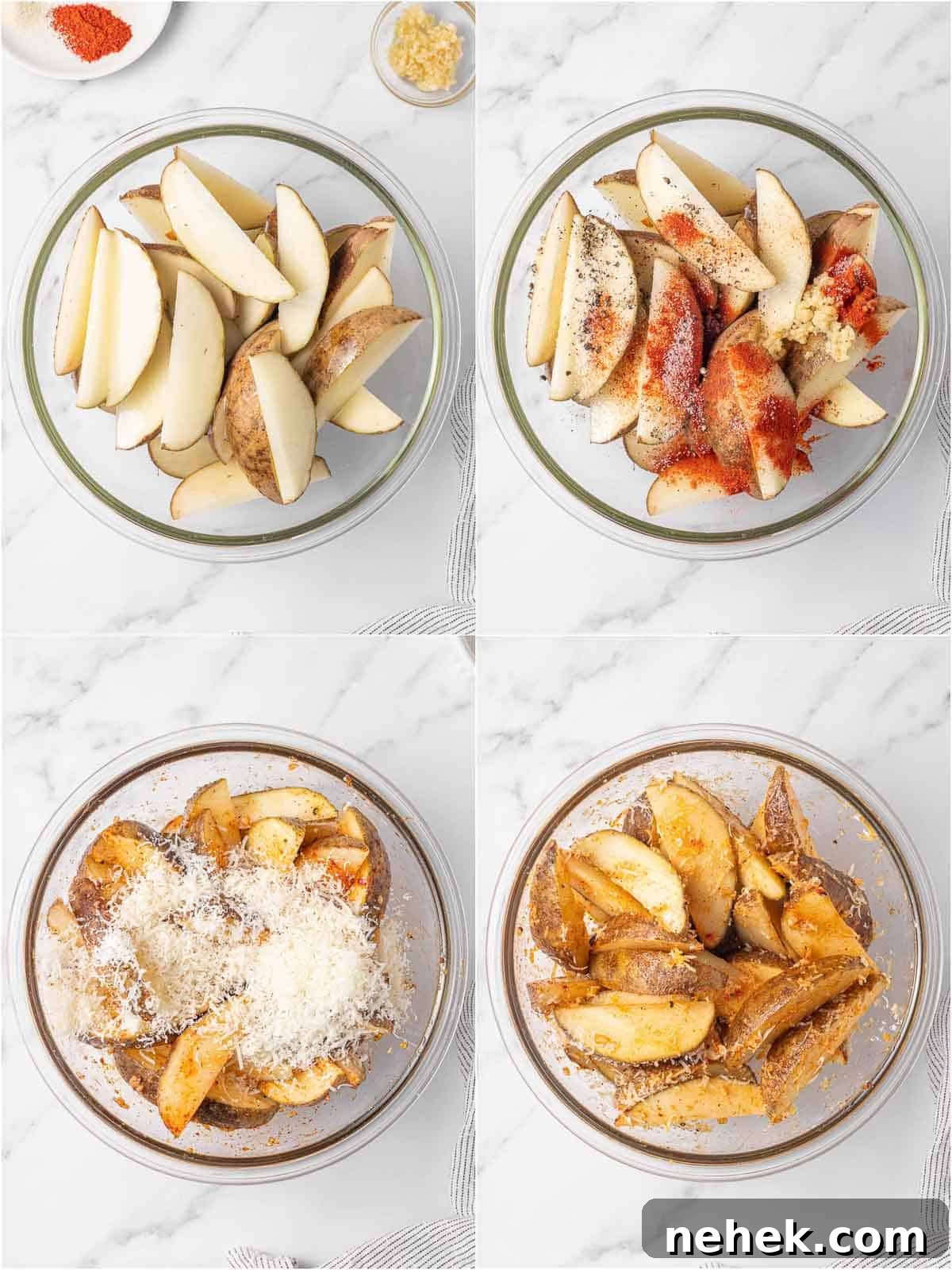 Step by step process for how to cut and season air fryer potato wedges.
