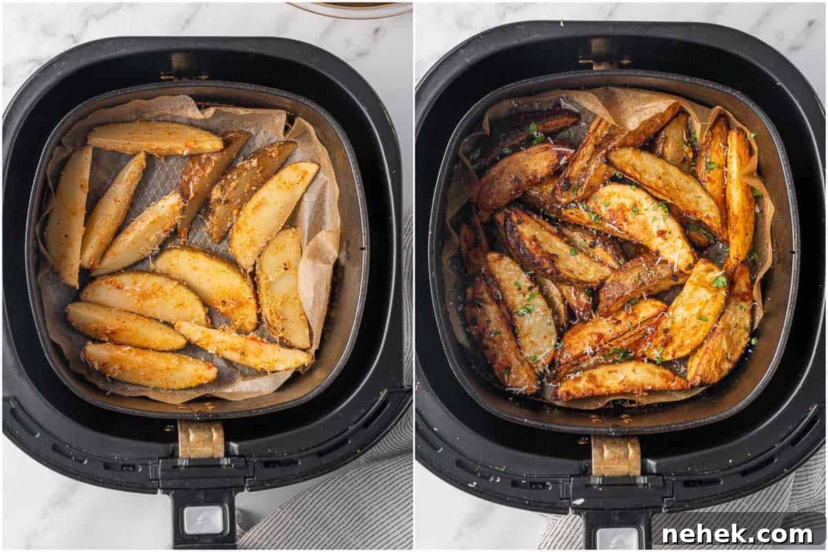Before and after photo of parmesan potato wedges in the air fryer.