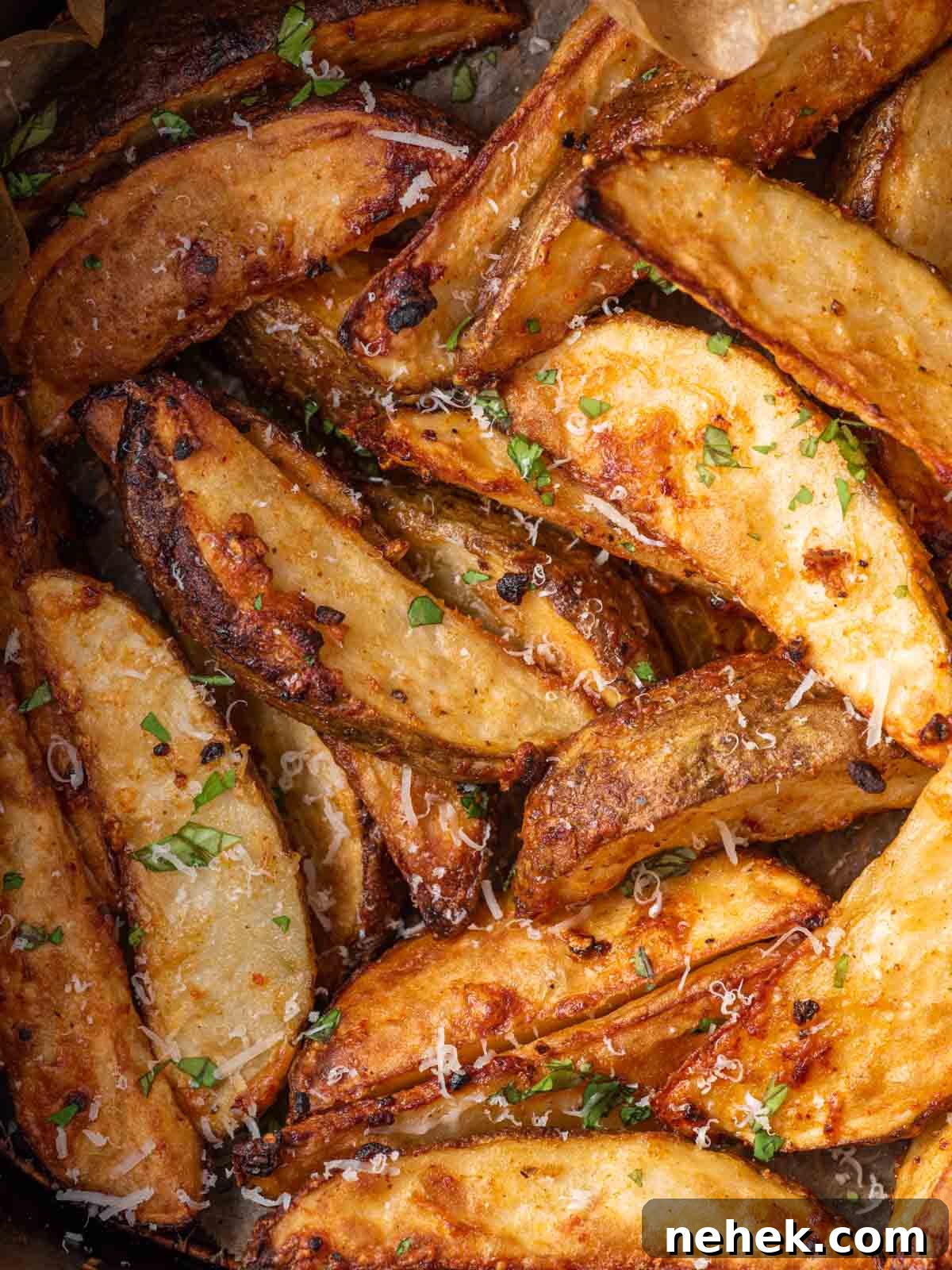 A pile of crispy parmesan potato wedges.