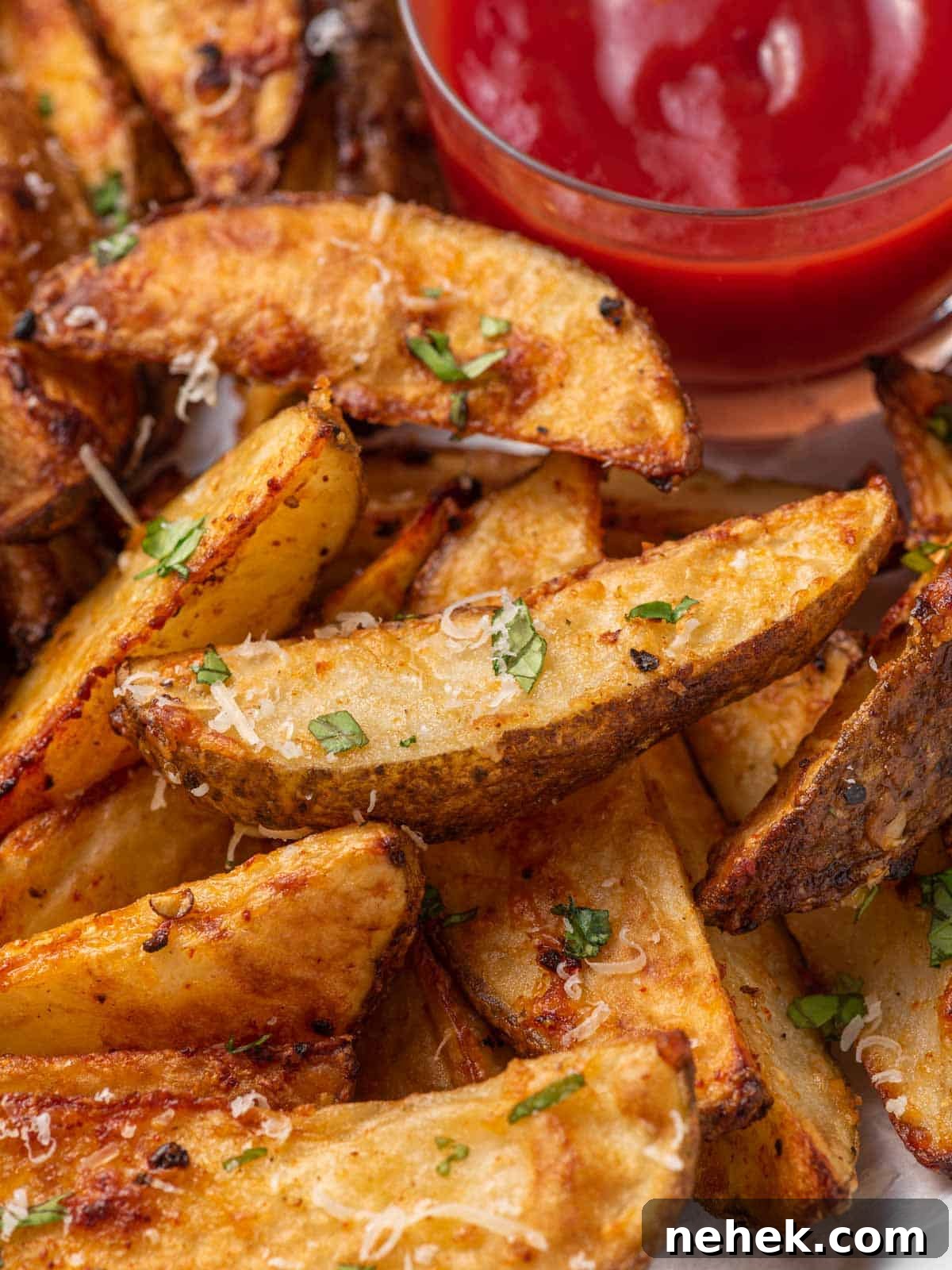 A close up of crispy parmesan potato wedges with ketchup.