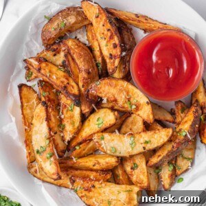 A plate of potato wedges air fryer with ketchup for dipping.