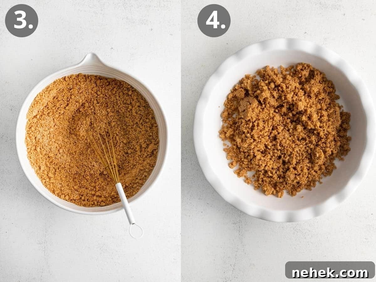 steps 3 and 4 add melted butter and pour in prepared pie pan.