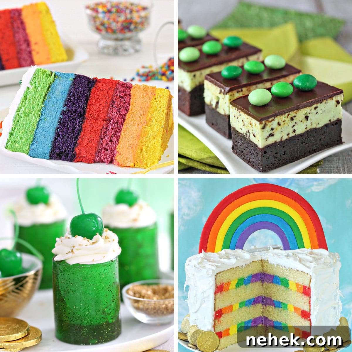 Mint Chocolate Chip Whoopie Pies Recipe — Soft, Minty Sandwich Cookies 5 Four photo collage with rainbow and green desserts for St. Patrick's Day, with text overlay.