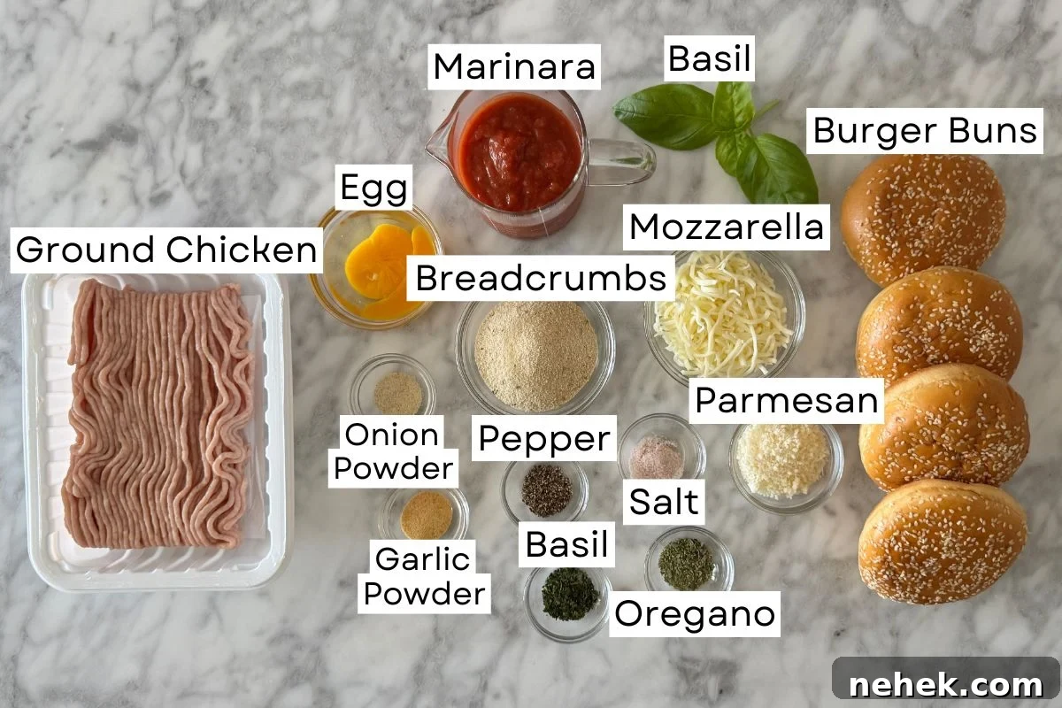 Chicken Parmesan Burger Recipe: Crispy, Cheesy Sandwiches 3 Ingredients needed for chicken parmesan burgers in bowls.