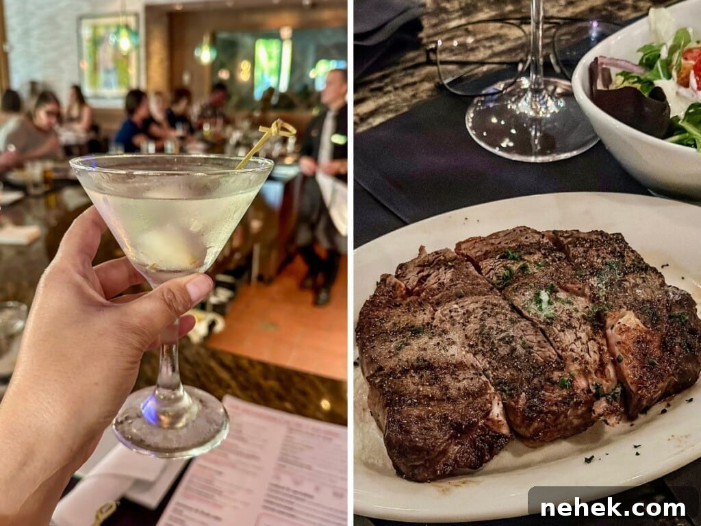 Martini at Ruth’s Chris Steak House restaurant in Waikīkī and juicy steak dish.