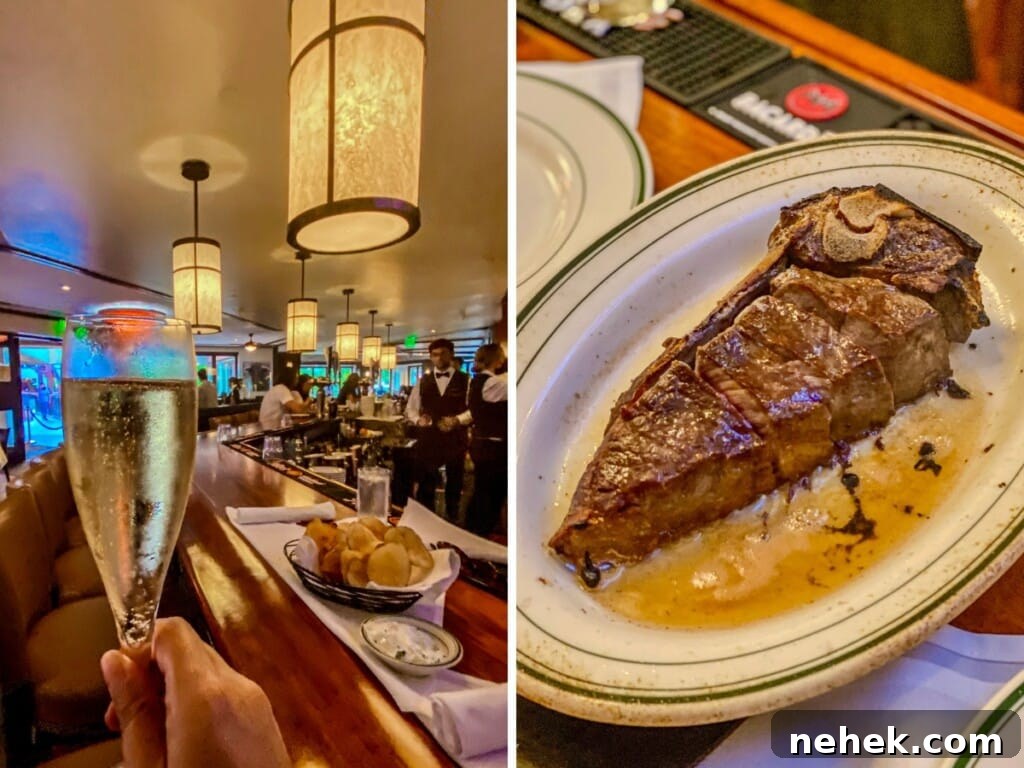 Left: Sparkling wine at Wolfgang's Steakhouse Waikiki. Right: A steak dish.
