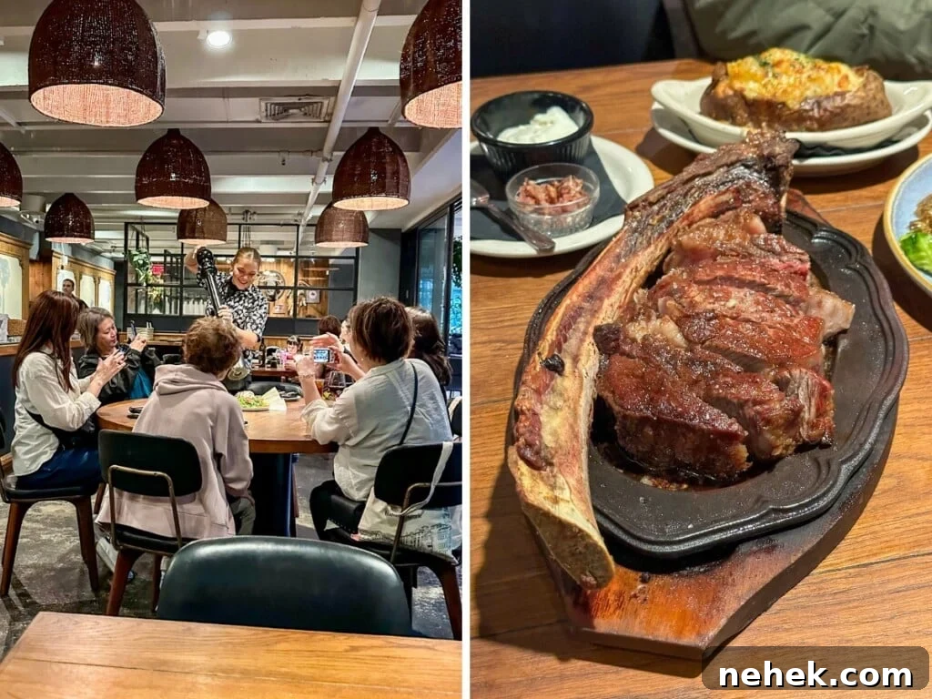 Left: Waitress seasoning a salad at the table in Aloha Steak House. Right: Dry-Aged Tomahawk.