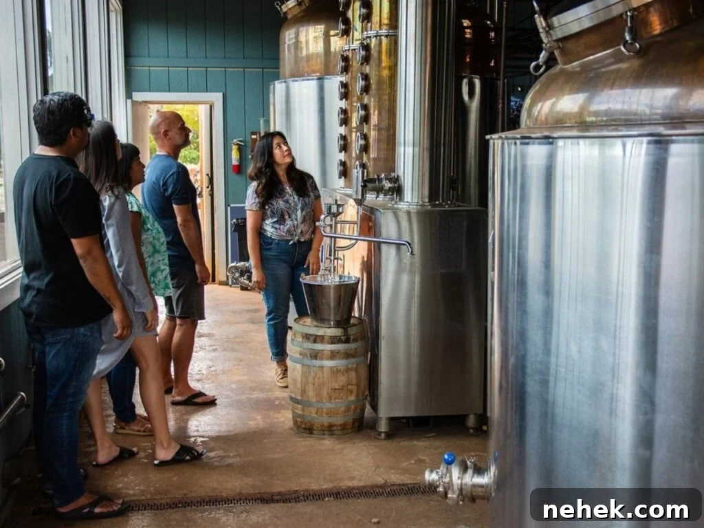 Tour guide showing a group tour around Kō Hana Distillers on Oʻahu.