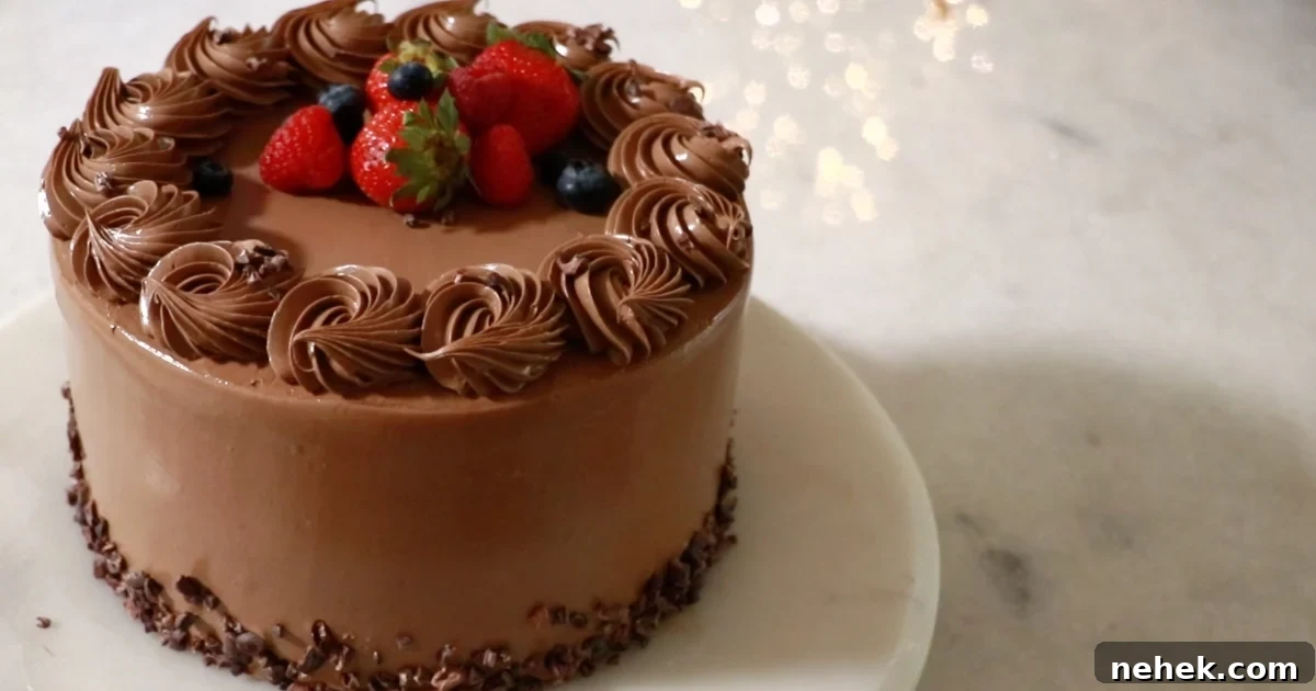 Classic Moist Chocolate Cake Recipe for Crowning Any Occasion 11 8" whole chocolate cake with buttercream frosting and fruits decorations