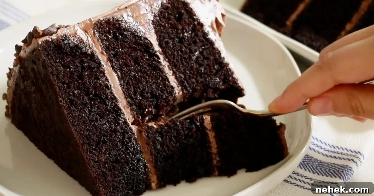 Classic Moist Chocolate Cake Recipe for Crowning Any Occasion 5 cutting a slice of fluffy chocolate cake with a fork