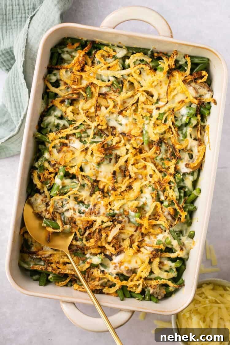 green bean casserole with fried onions on top. 