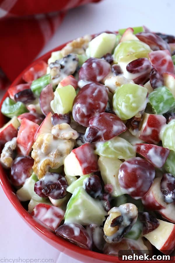 a bowl of Waldorf salad with grapes, walnuts, and apples. 