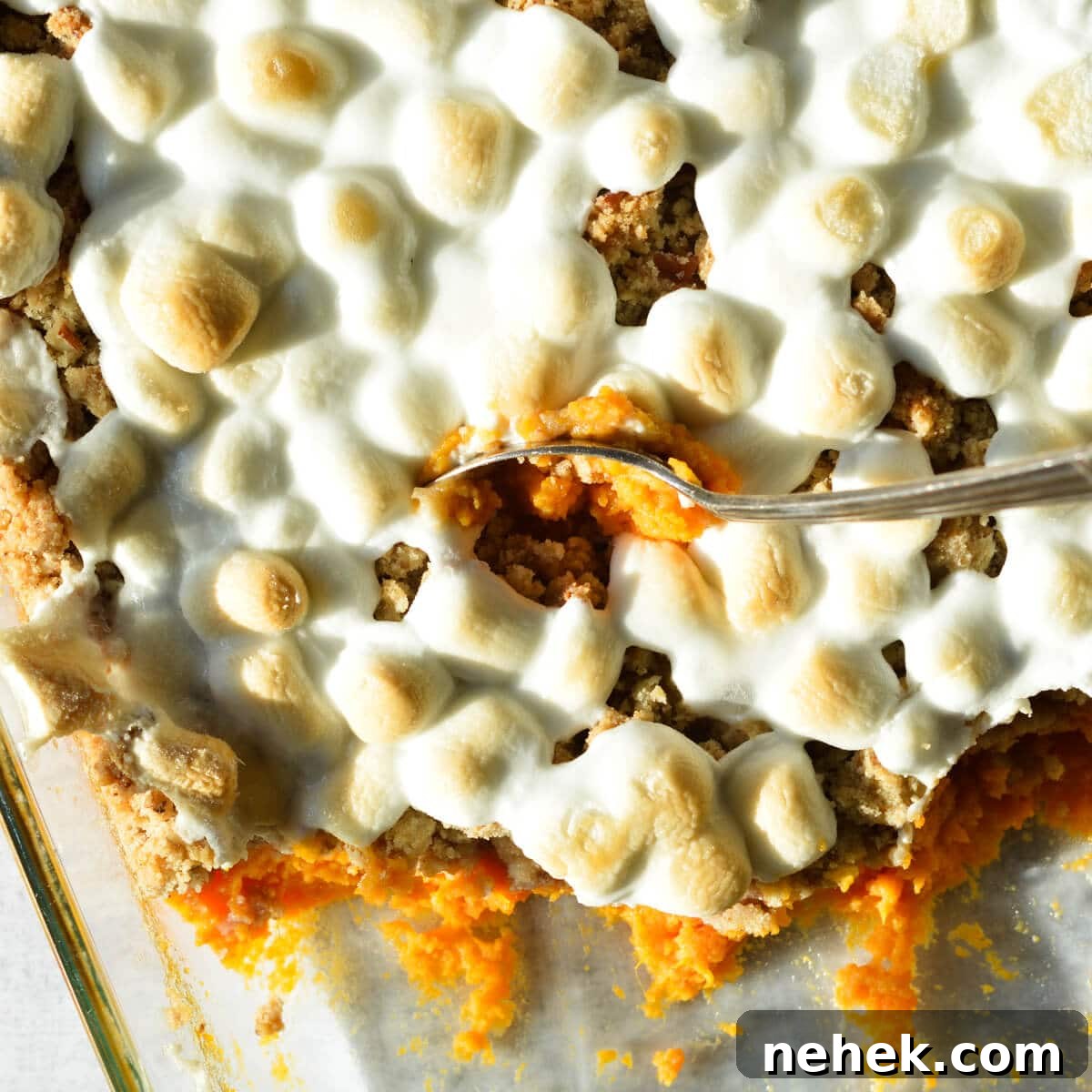 sweet potato casserole with toasted marshmallows on top.