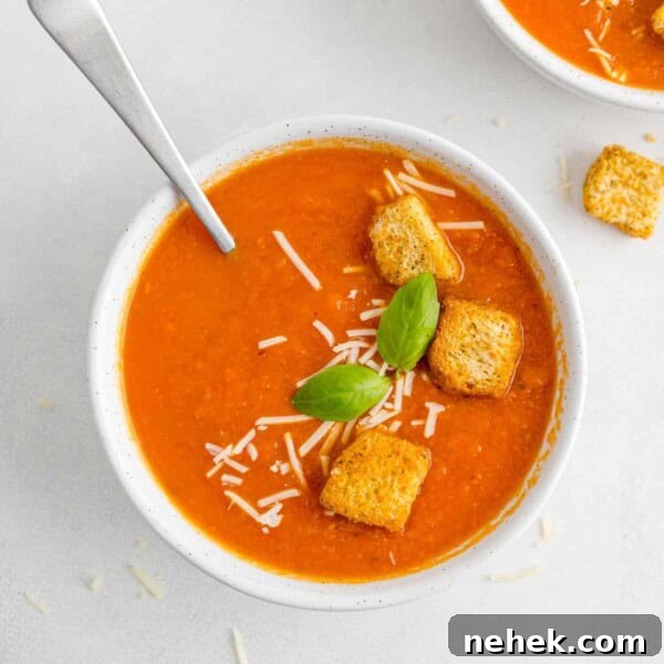 Tomato soup in white bowl garnished with croutons, cheese, basil.