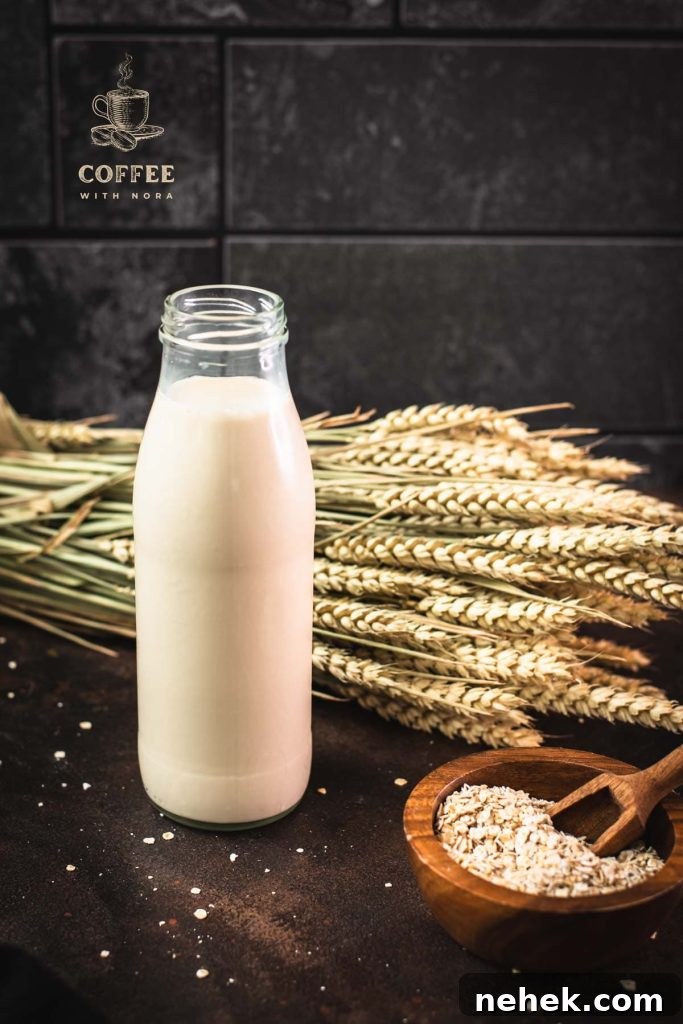 Why Oat Milk Splits in Coffee and How to Prevent It 2 Milk bottle with oat milk on dark background.
