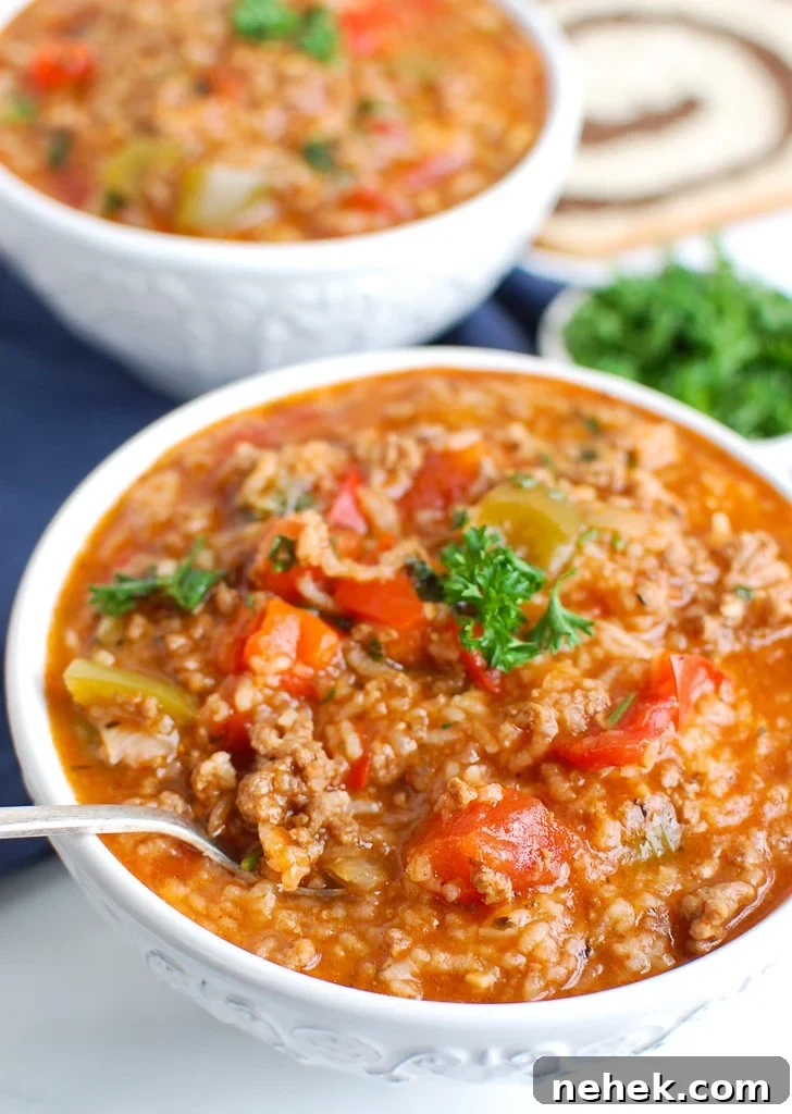 Instant Pot Stuffed Pepper Soup White Bowl