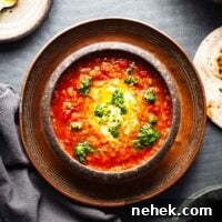 A brown ceramic bowl with bright red harissa lentil soup with a scoop of yoghurt and dots of green salsa. The bowl is on a dark surface with pieces of flatbread visible on the side.