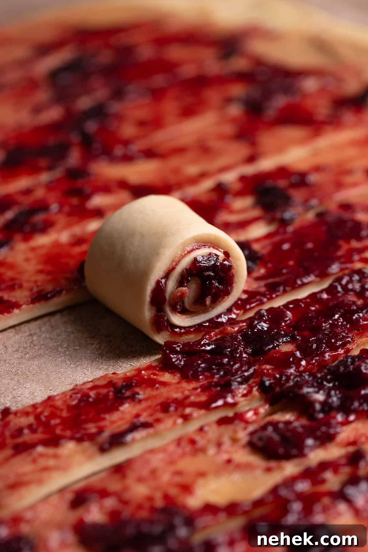 Cherry Pie Rolls with Crunchy Pie Crumb Topping 9 A strip of cherry cinnamon roll dough being rolled up into a roll.
