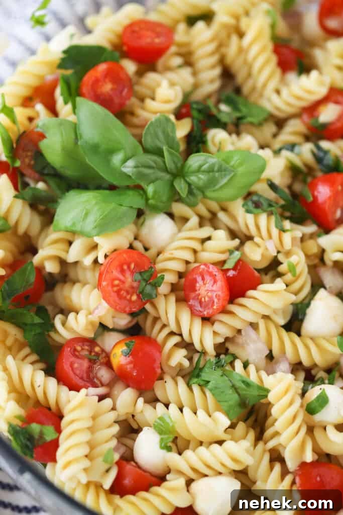 Caprese Pasta Salad Recipe: Fresh Tomato, Basil & Mozzarella 2 A close up of Caprese Pasta salad recipe, topped with fresh basil and cherry tomatoes.