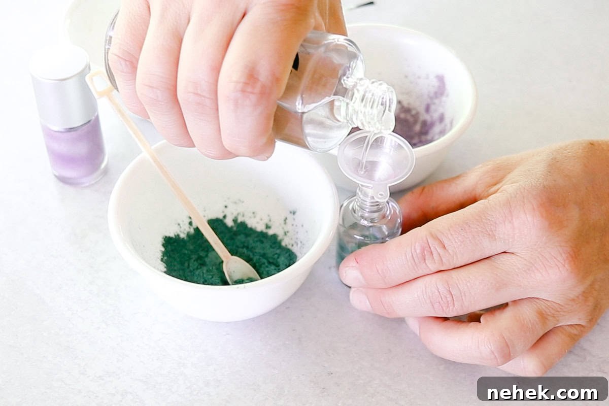 Pouring the clear suspension base into the nail polish bottle funnel. 