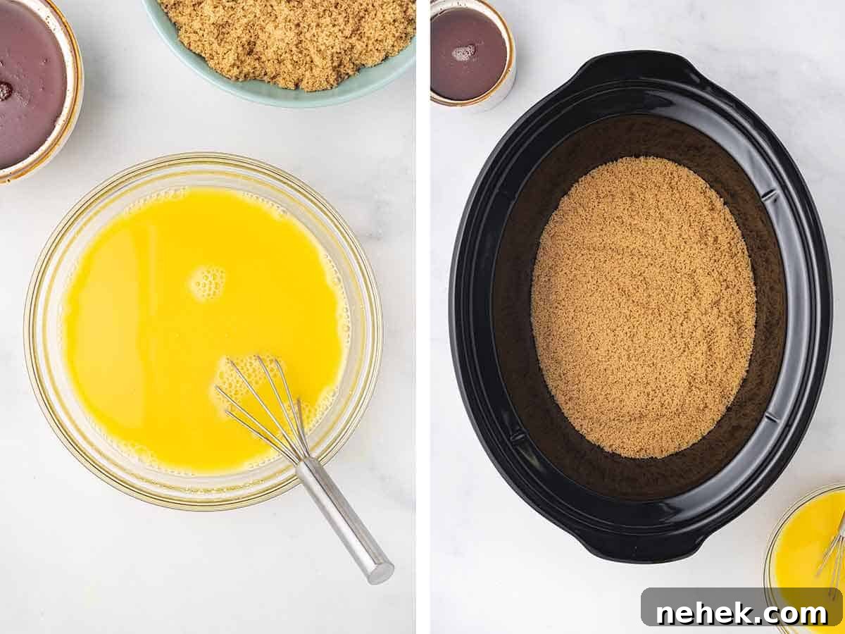 Slow Cooker Honey-Glazed Ham Recipe for Tender, Juicy Results 4 Set of two photos showing pineapple juice mixture whisked together and brown sugar added to a crockpot.