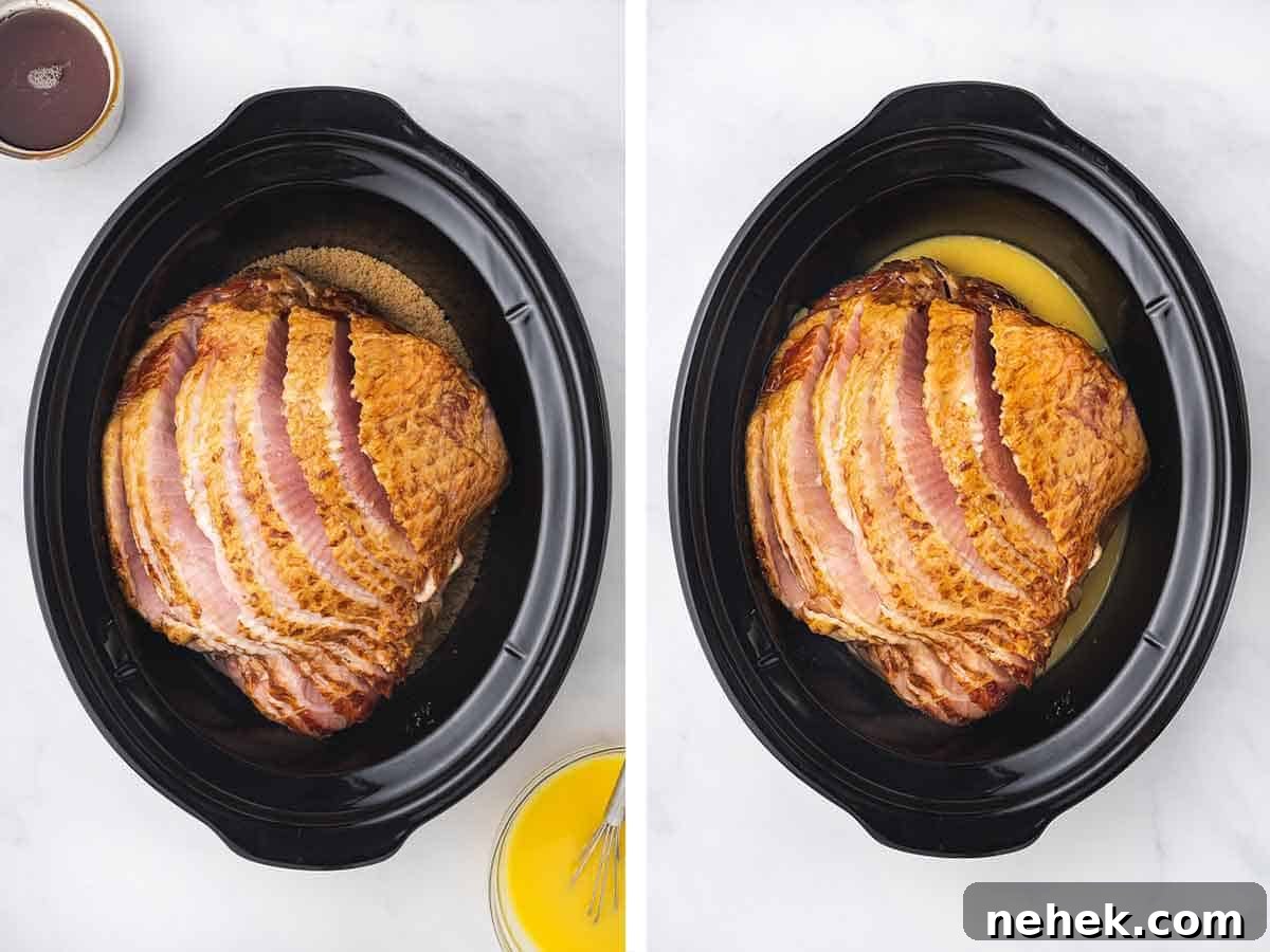 Slow Cooker Honey-Glazed Ham Recipe for Tender, Juicy Results 5 Set of two photos showing ham added to a slow cooker and liquid added.