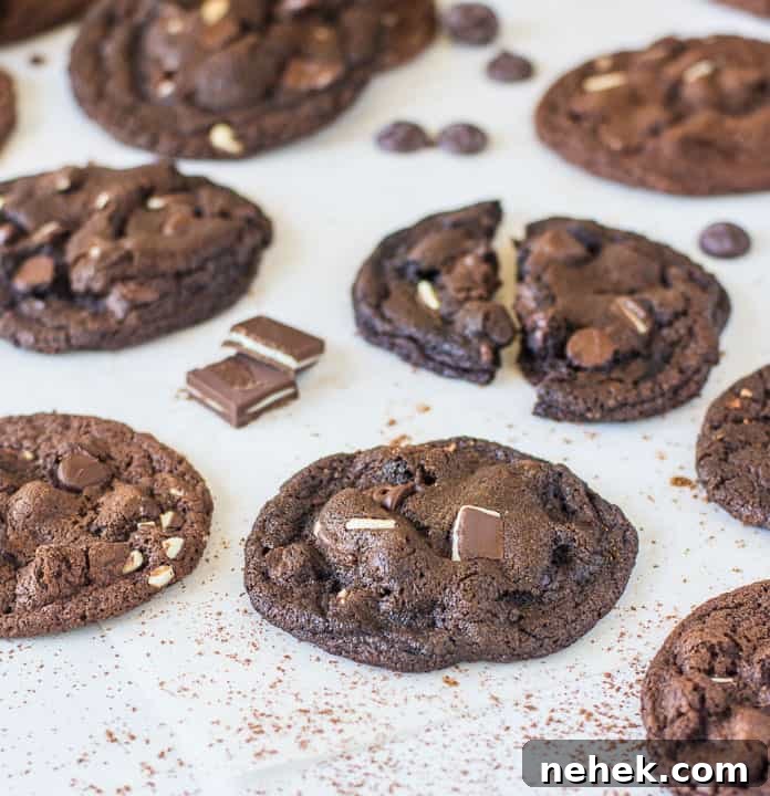 Chocolate Mint Cookies with Fudgy Chocolate Chips 2 cookies scattered on a piece of parchment paper with Andes mints and chocolate chips