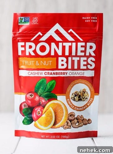 Maple Vanilla Baked Pears with Crunchy Granola Topping 4 A red and white package of Frontier Bites Cashew, Cranberry and Orange Granola Clusters.
