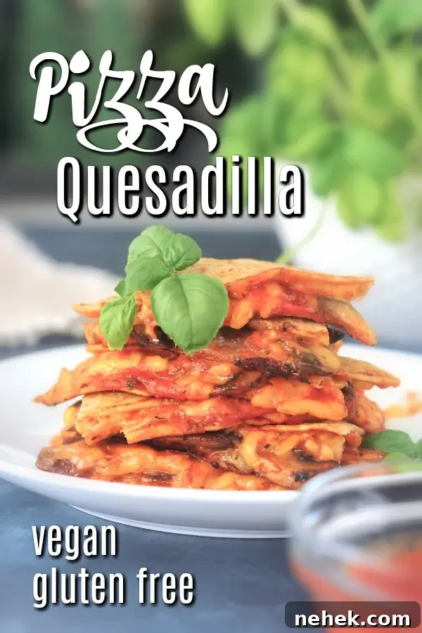 a stack of pizza flavored quesadilla slices on a white plate, fresh basil leaves on top