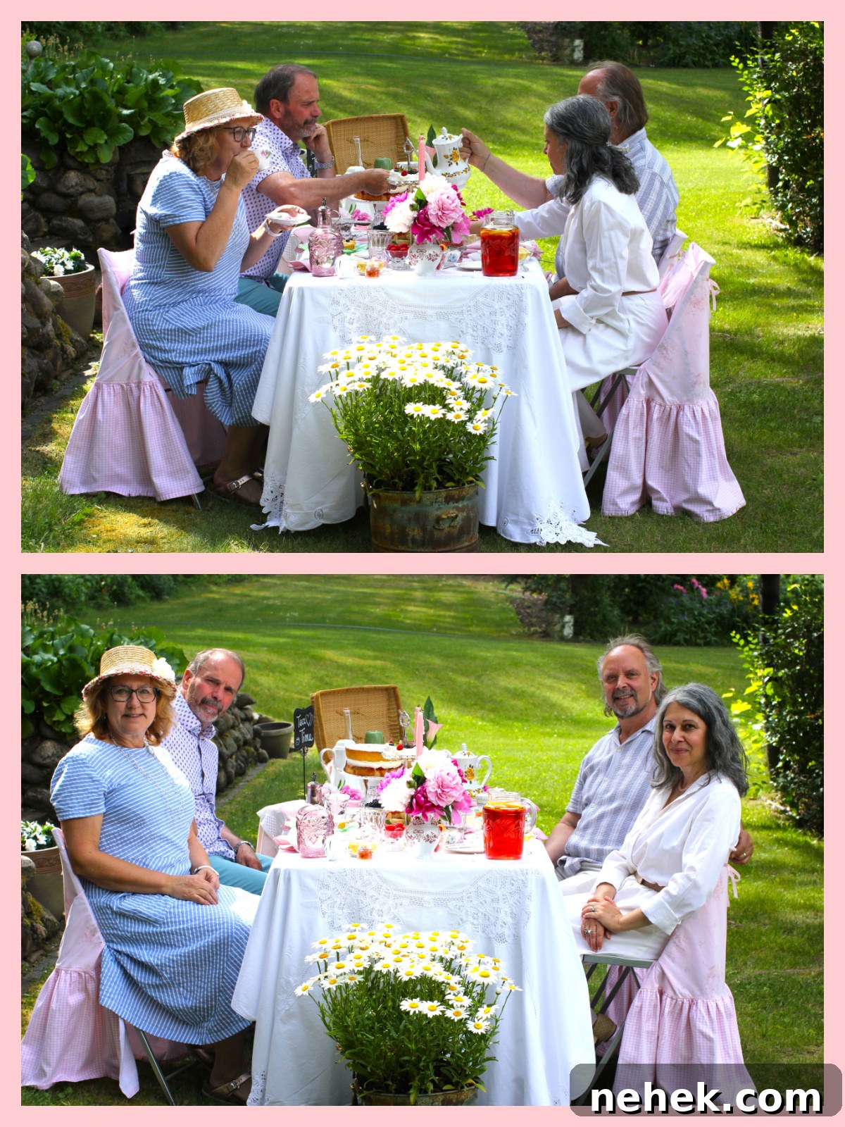 Two photos of us enjoying our afternoon tea outside.