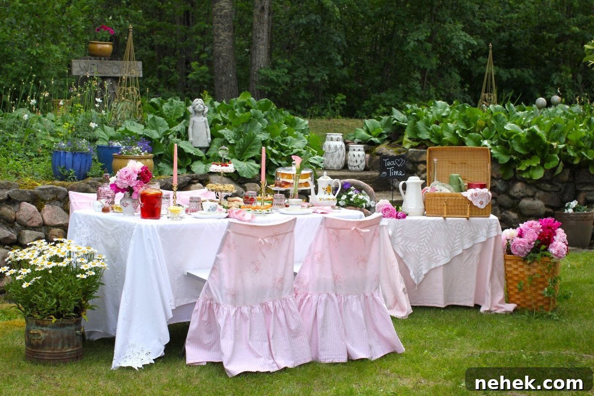 The table set outdoors for a lovely, pink-inspired afternoon tea picnic outside. Table set with three-tiered stand of treats and a cake stand with a gluten free Victoria sponge cake, by the rock wall.