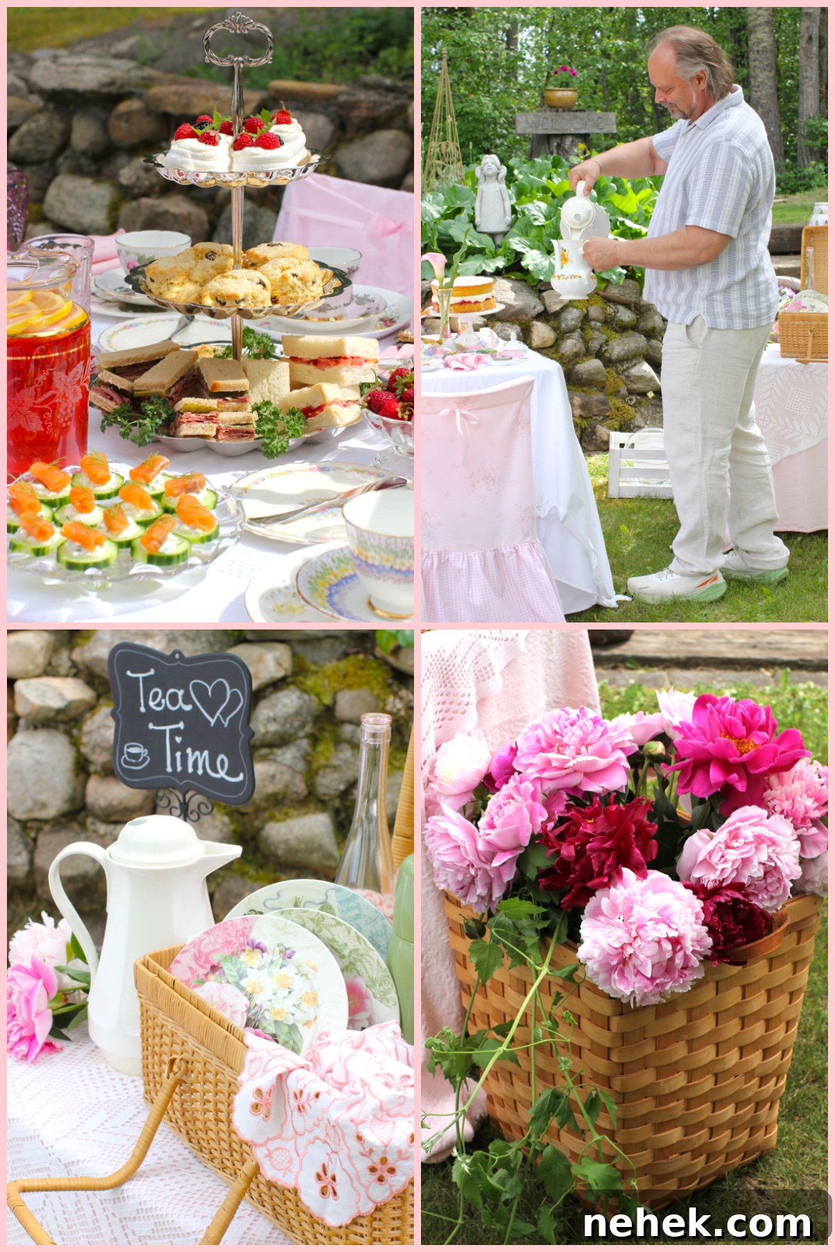 4 photo collage of afternoon tea picnic.