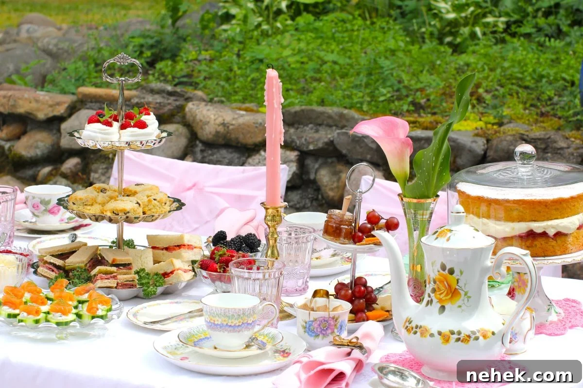 Afternoon tea table set ourside, with 3-tiered cake stand on left and Gluten Free Victoria Sponge Cake on right.