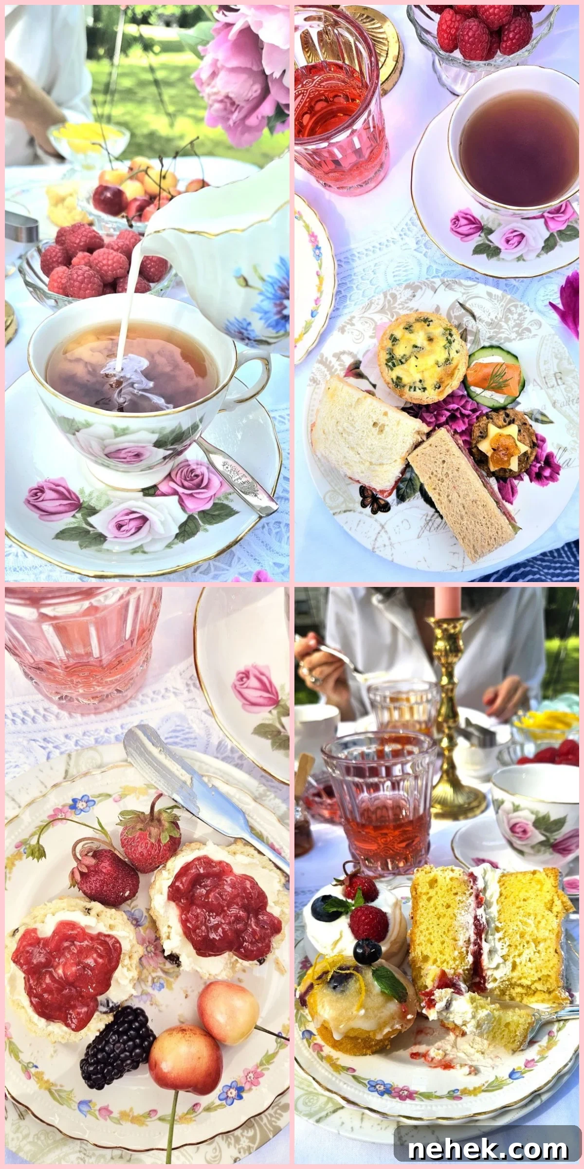 4 photo collage of plates filled with each course of the Afternoon Tea.
