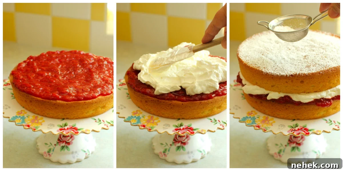 3 photo collage showing spreading the jam on the cake, adding the whipped cream, and then the top layer and dusting it with icing sugar.