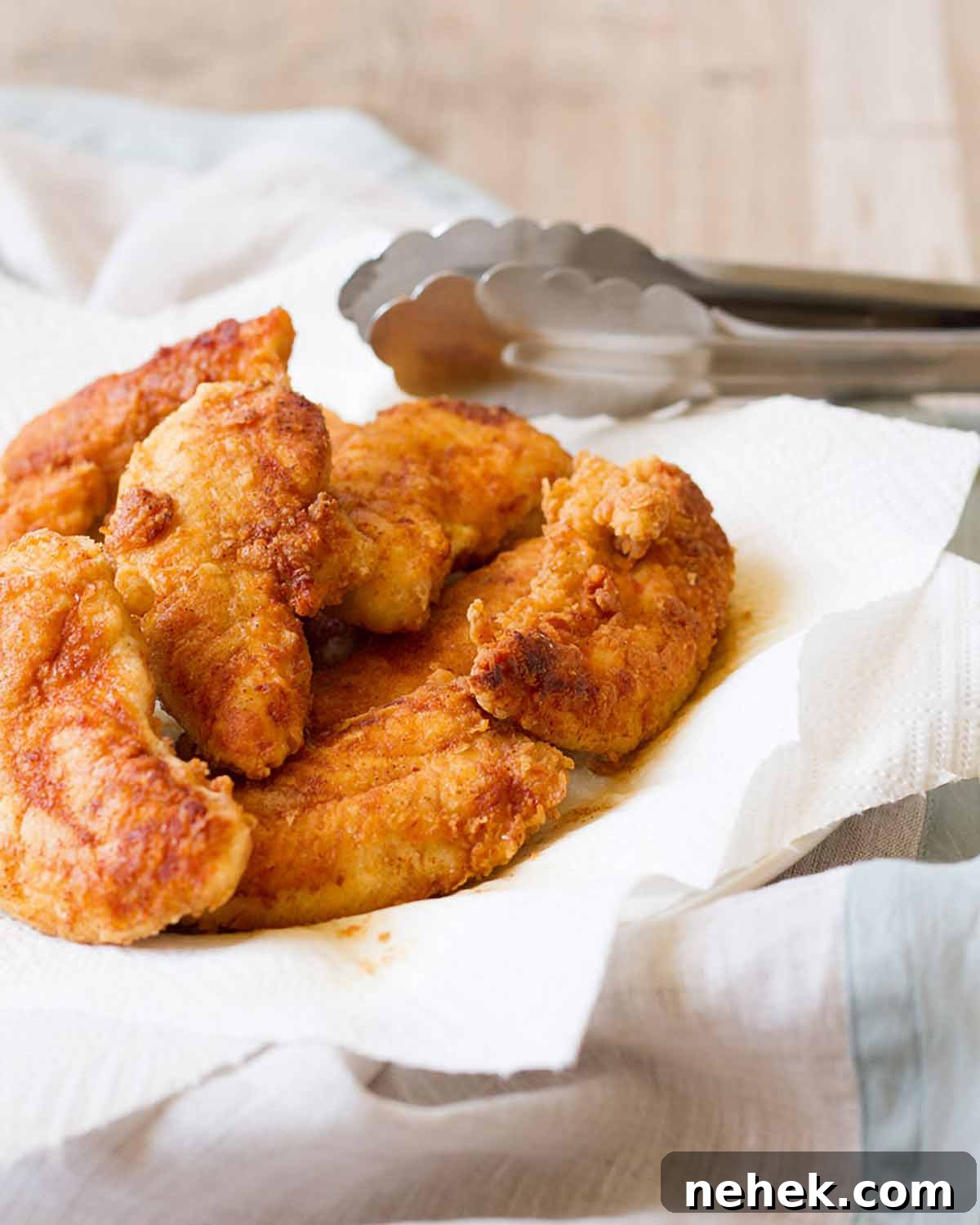 Crispy Hot Honey Chicken Tenders Recipe 4 Eight pan-fried chicken tenders piled on paper towels on a plate.