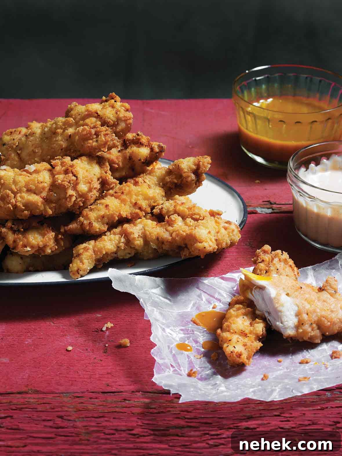 Crispy Hot Honey Chicken Tenders Recipe 5 A plate piled with homemade chicken strips and dishes of dipping sauce on the side.