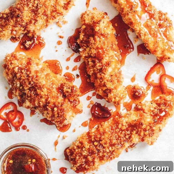 Crispy Hot Honey Chicken Tenders Recipe 6 5 panko breaded chicken tenders drizzled with deep red hot sauce and chile slices, with a bowl of more spicy honey.