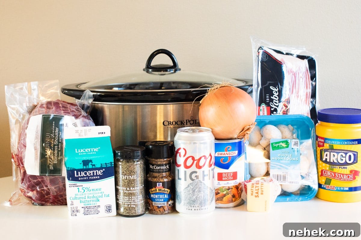 Slow-Cooked Venison Roast with Savory Mushroom Gravy 3 ingredients for venison with mushroom gravy lined up in front of slow cooker