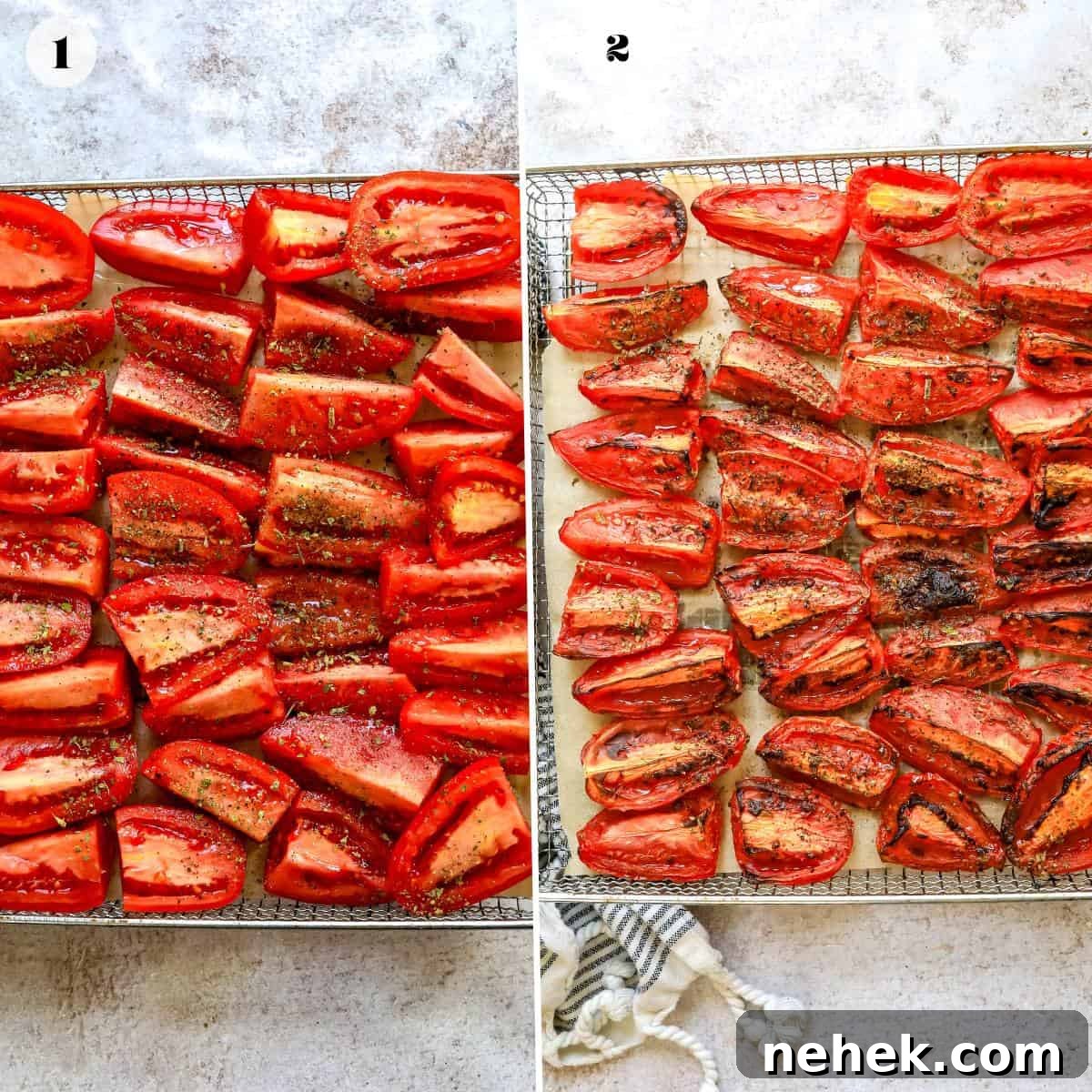 Sliced roma tomatoes on a wire rack with parchment paper.