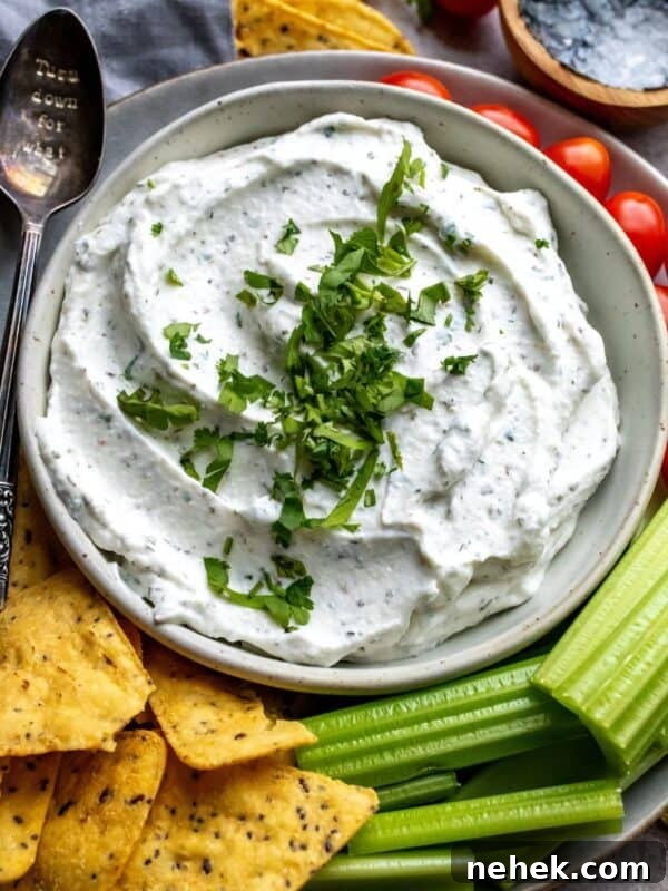 An overhead image of cottage cheese dip, with chips and veggies on the side for dipping.